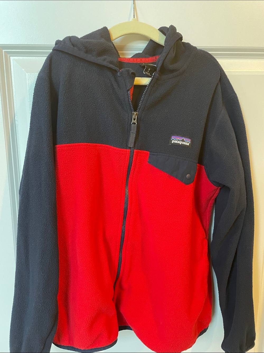 Patagonia Kids Red and Charcoal Hooded Fleece Jacket
